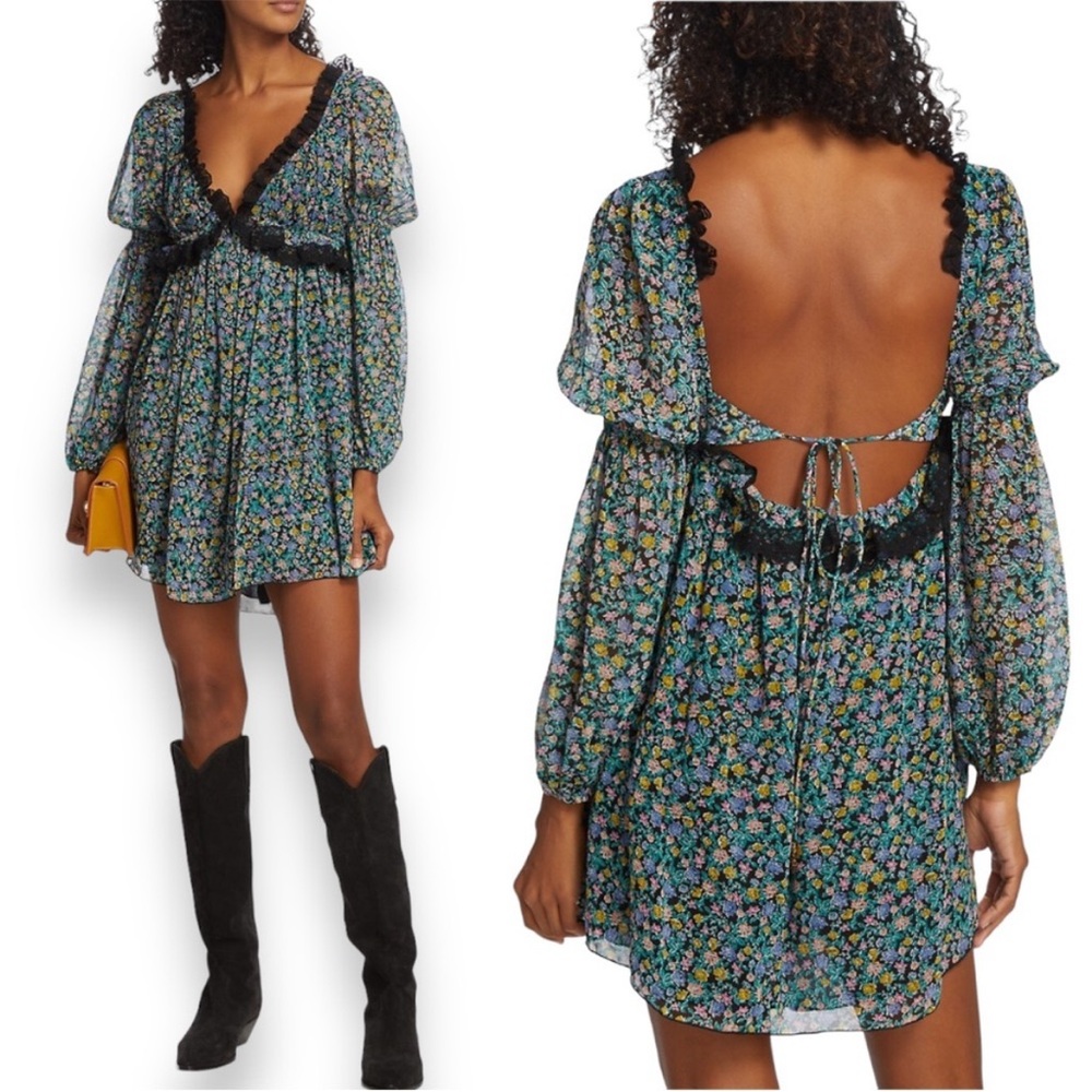 NWOT Free People Pennie Printed Babydoll Mini Dress In Color Black Combo Size L